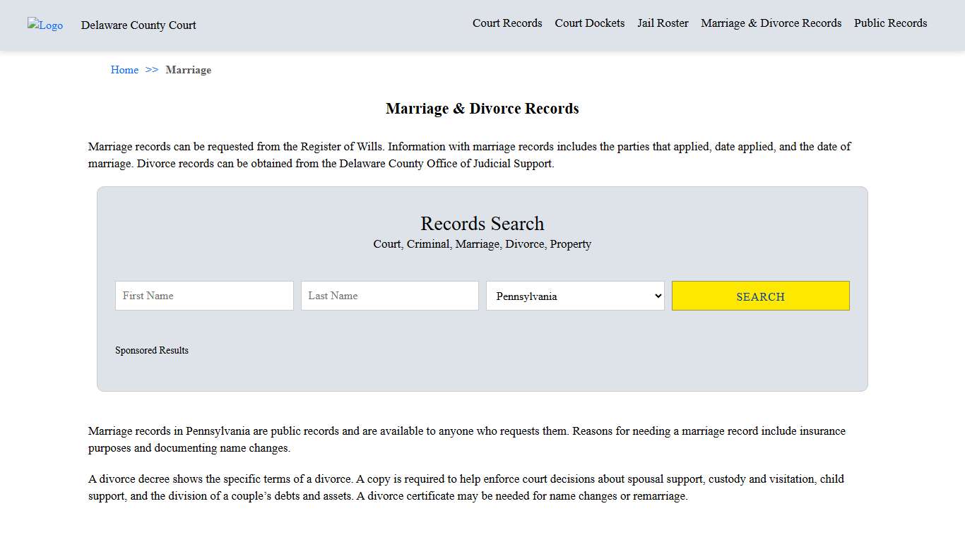 Marriage & Divorce Records | Delaware County Court