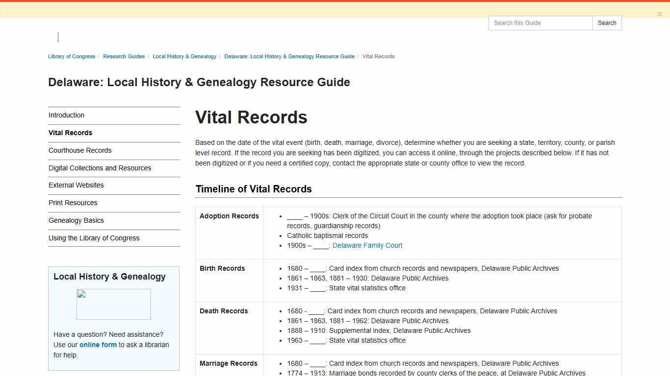 Vital Records - Delaware: Local History & Genealogy Resource Guide - Research Guides at Library of Congress